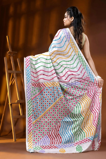 Multicolor thread white silk kutch embroidery saree with mirror work 5