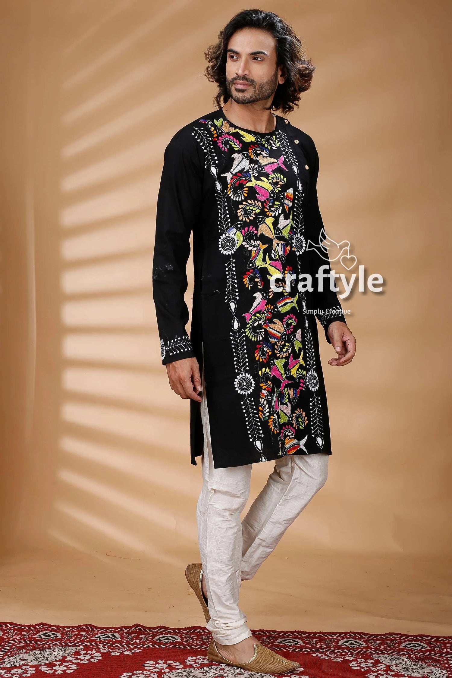 Multicolor thread work black kantha stitch cotton kurta for men embroidered vibrant floral 3