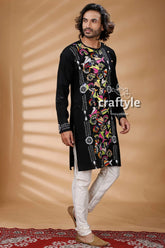 Multicolor thread work black kantha stitch cotton kurta for men embroidered vibrant floral 3