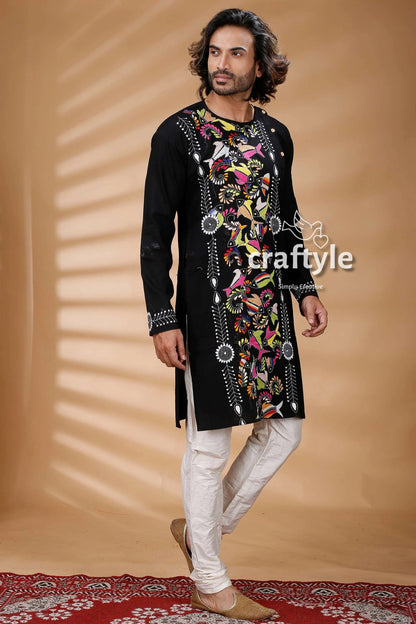 Multicolor thread work black kantha stitch cotton kurta for men embroidered vibrant floral 3