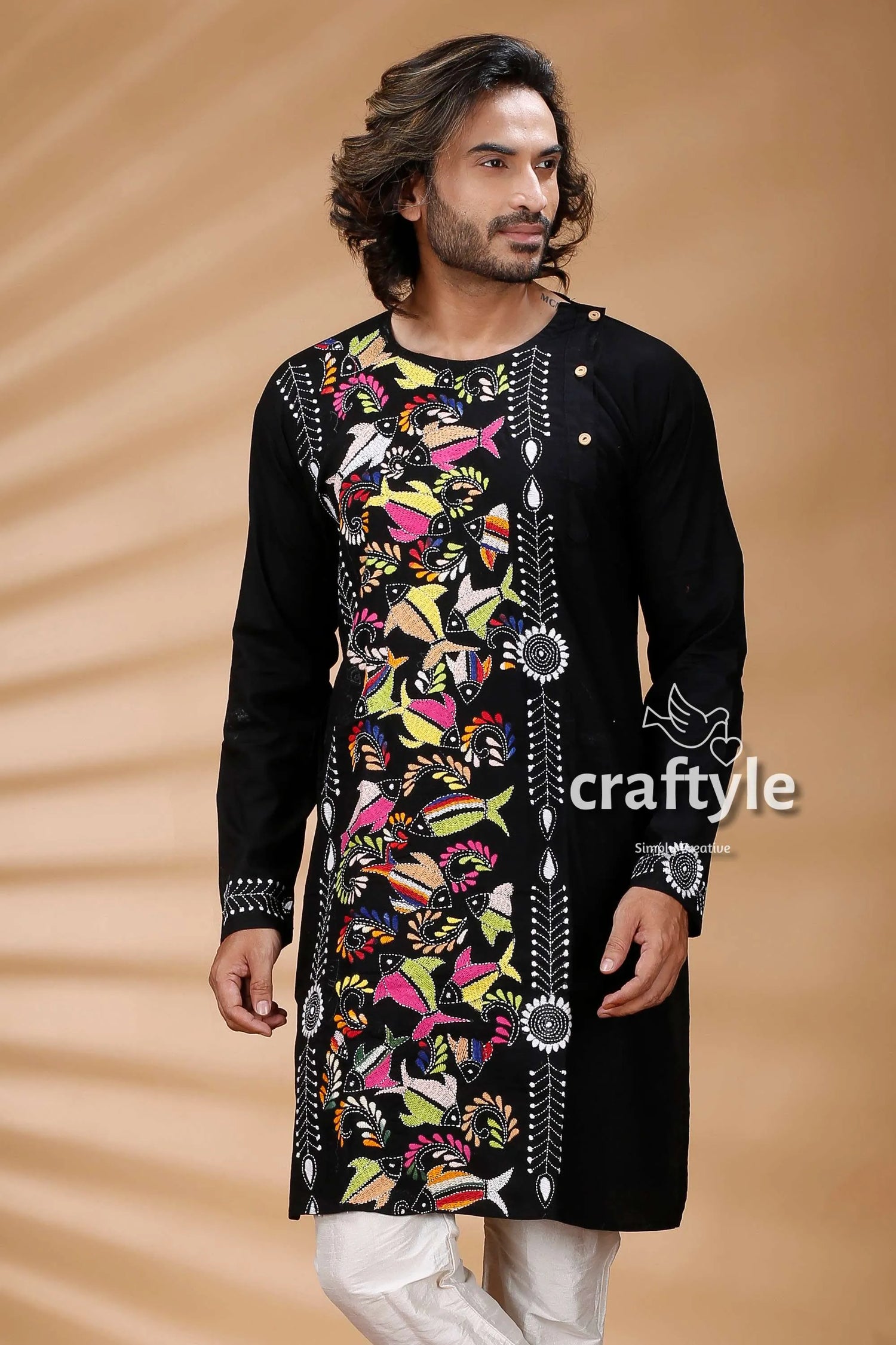 Multicolor thread work black kantha stitch cotton kurta for men vibrant colorful embroidery 2