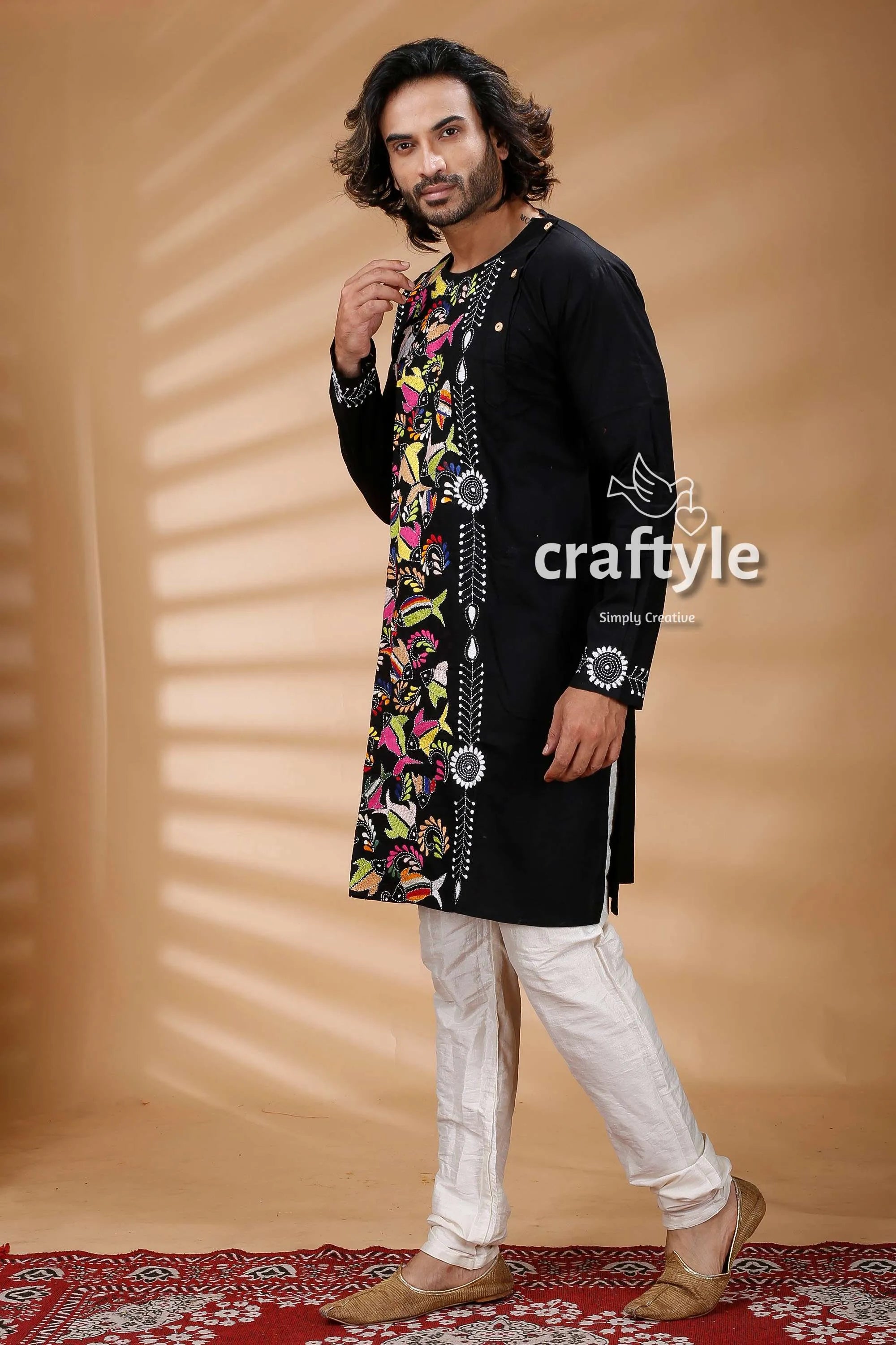 Multicolor thread work black kantha stitch cotton kurta for men embroidered vibrant floral 4