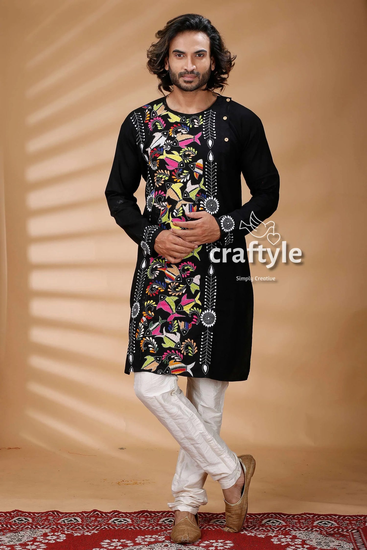 Multicolor thread work black kantha stitch cotton kurta for men embroidered vibrant floral 1