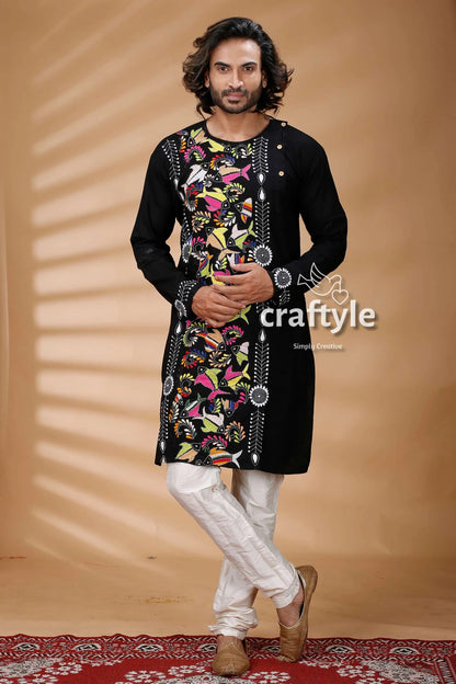 Multicolor thread work black kantha stitch cotton kurta for men embroidered vibrant floral 1
