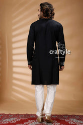 Multicolor thread work black kantha stitch cotton kurta for men embroidered intricate silver 5
