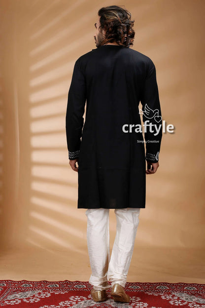Multicolor thread work black kantha stitch cotton kurta for men embroidered intricate silver 5