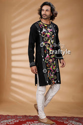 Multicolor Thread Work Black Kantha Stitch Cotton Kurta for Men - Craftyle