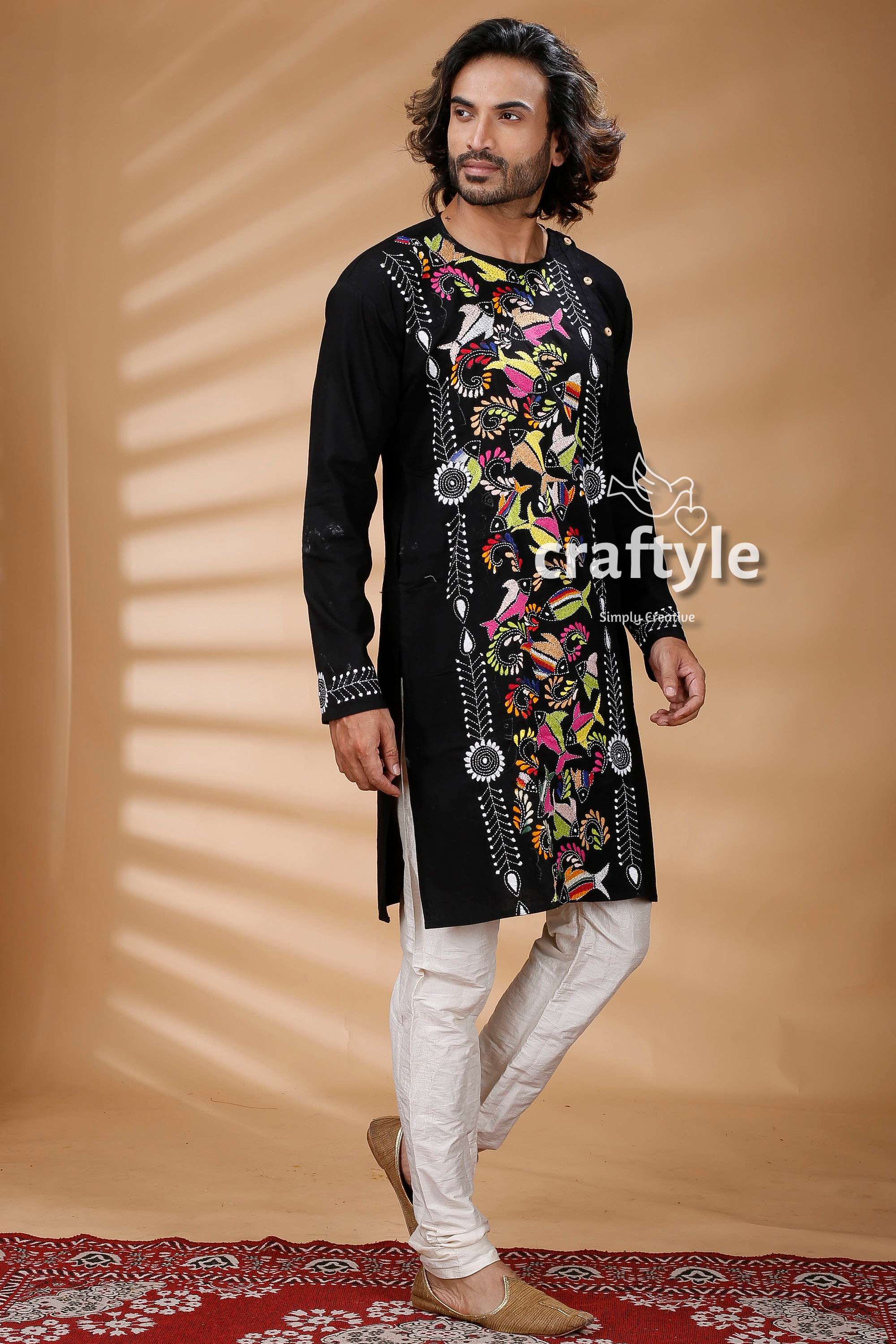 Multicolor Thread Work Black Kantha Stitch Cotton Kurta for Men - Craftyle