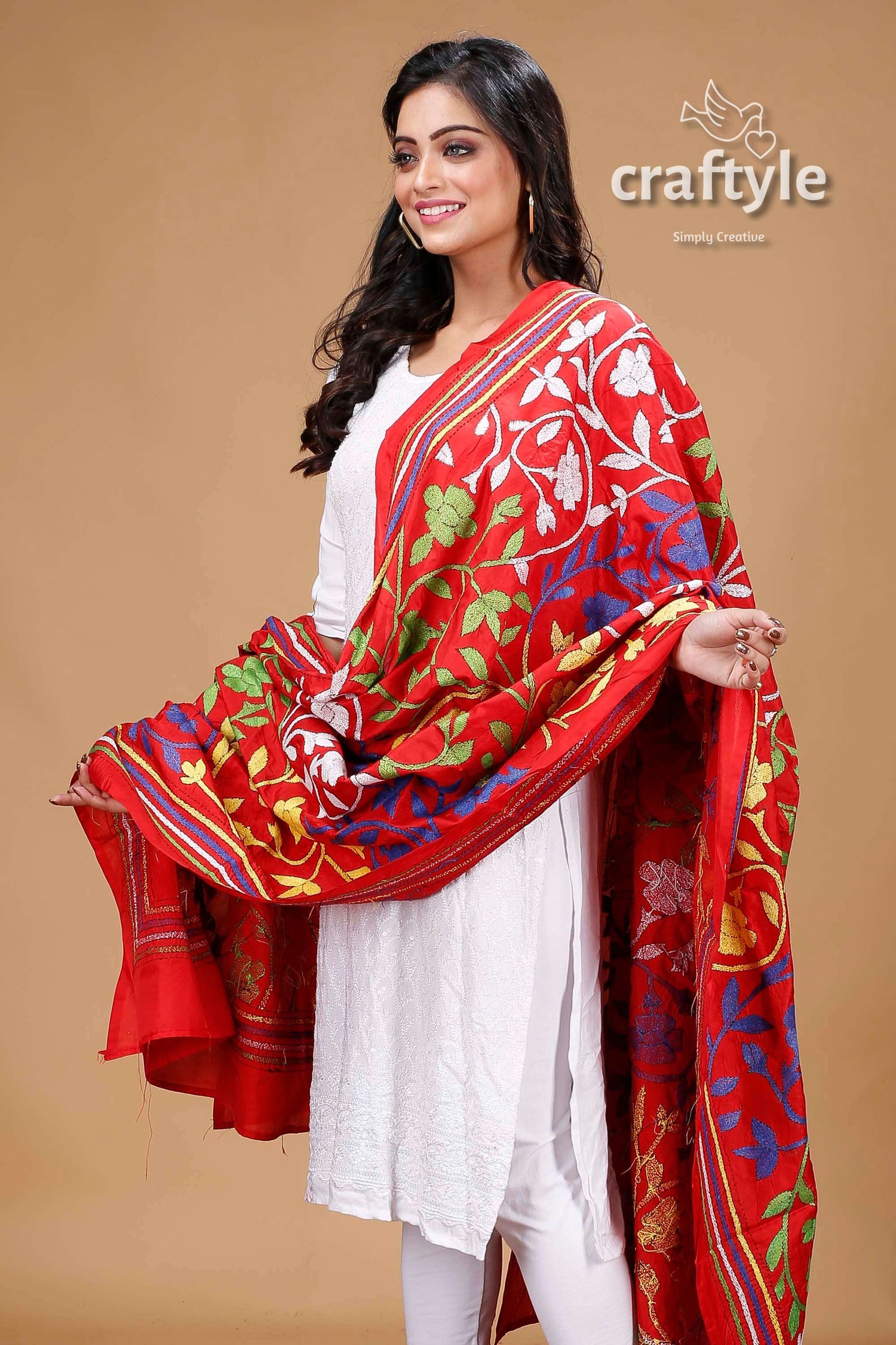 Multicolor Thread Work Red Blended Bangalore Silk Kantha Dupatta - Craftyle