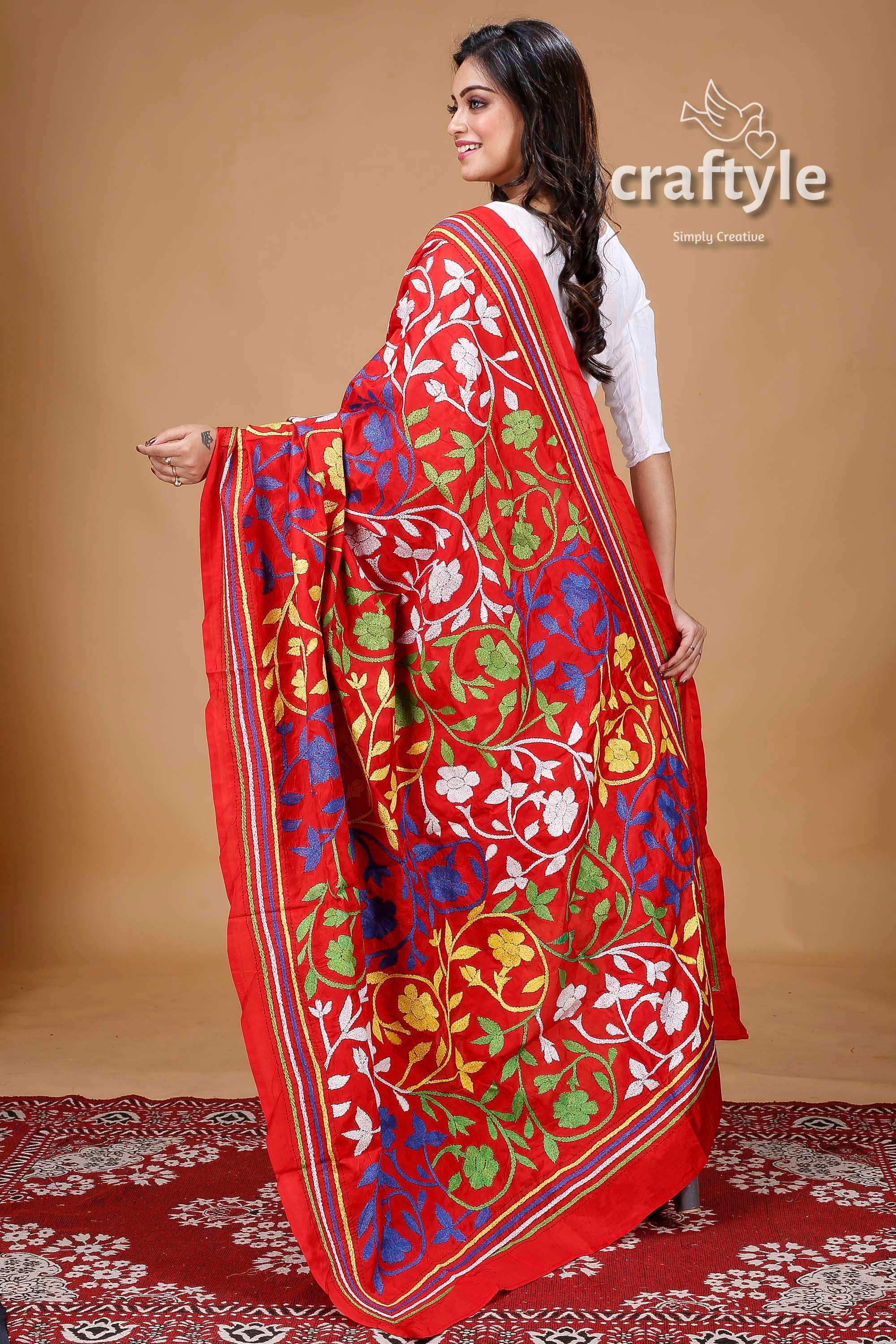 Multicolor Thread Work Red Blended Bangalore Silk Kantha Dupatta - Craftyle