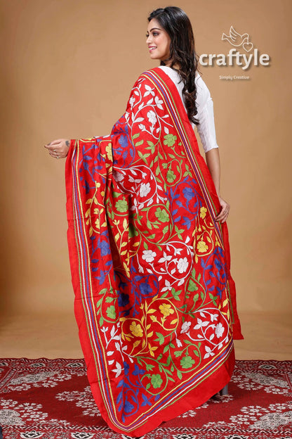 Multicolor thread work red hand embroidered silk kantha dupatta floral 3
