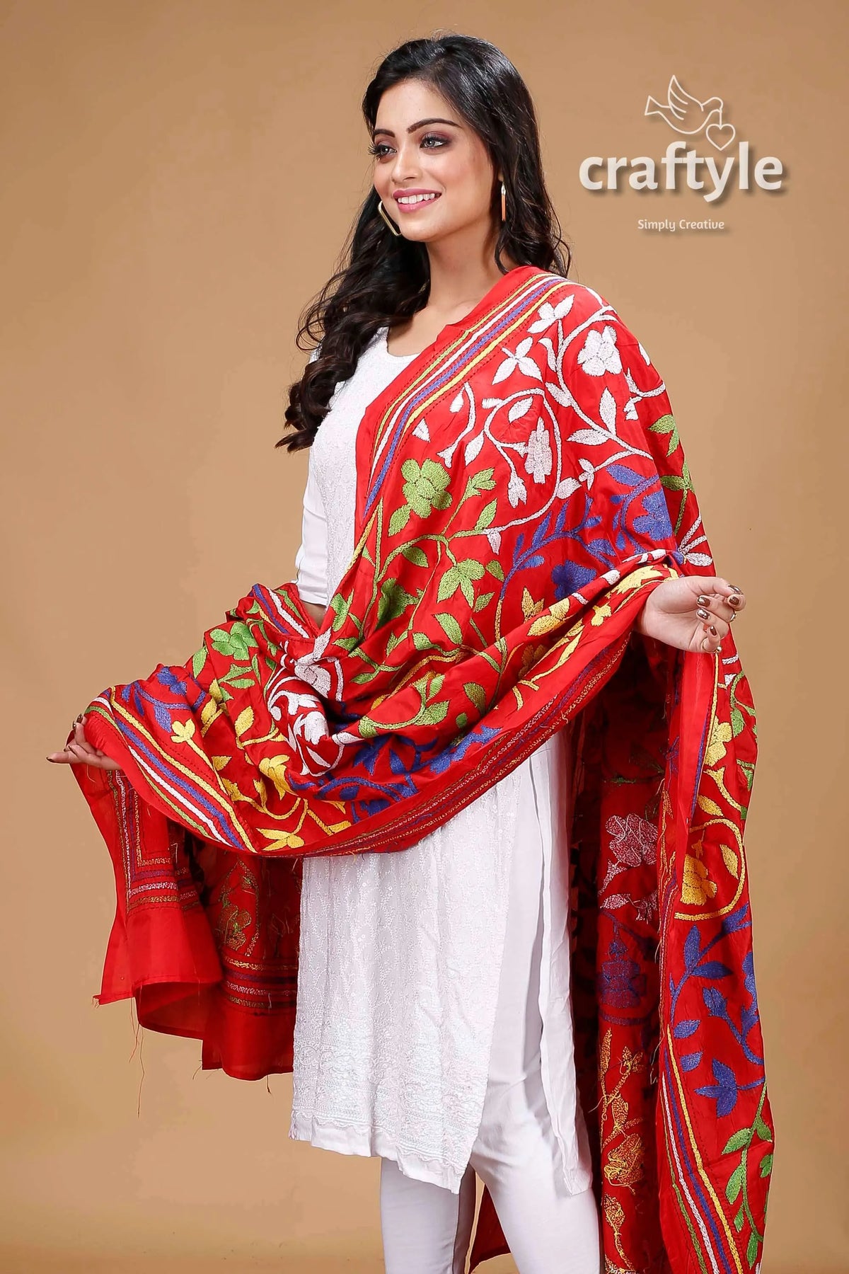 Multicolor thread work red hand embroidered silk kantha dupatta floral shawl 2