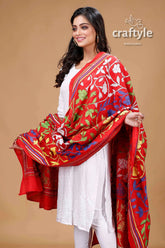 Multicolor thread work red hand embroidered silk kantha dupatta floral shawl 2