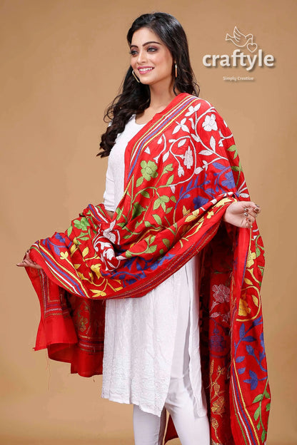 Multicolor thread work red hand embroidered silk kantha dupatta floral shawl 2
