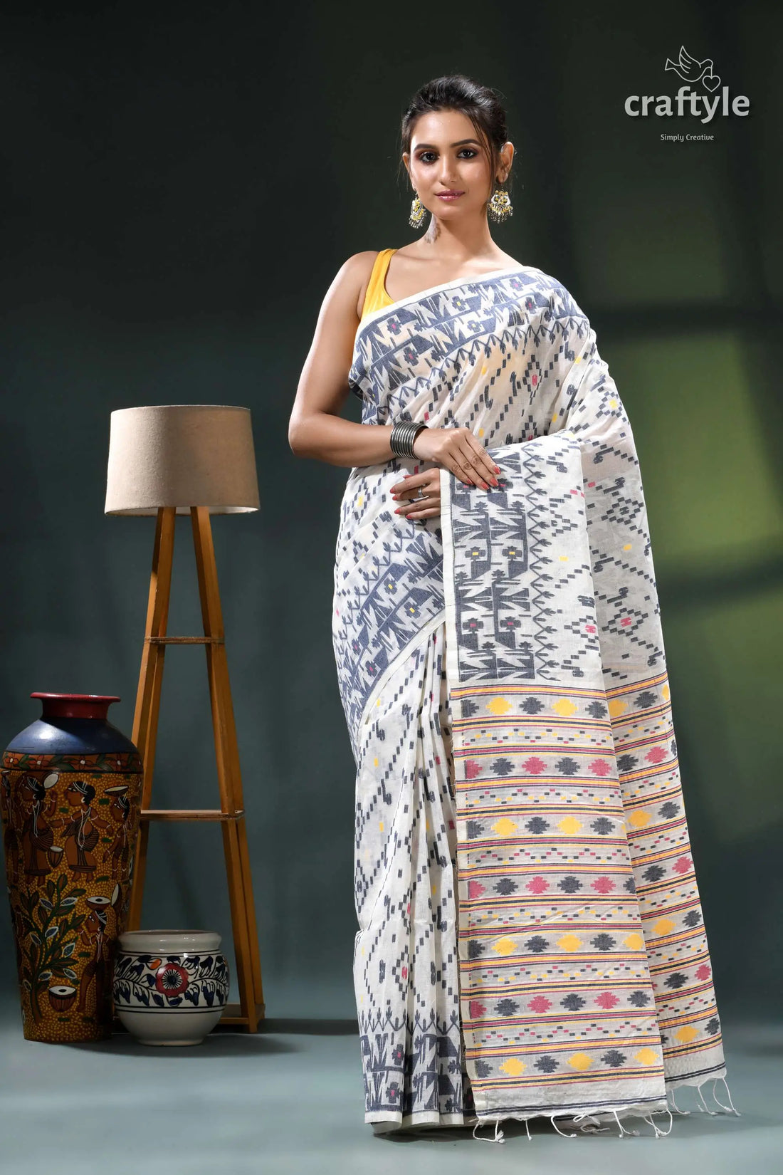 Multicolor woven cotton jamdani saree in ecru white white black ikat saree geometric 1