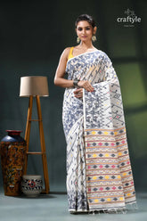 Multicolor woven cotton jamdani saree in ecru white white black ikat saree geometric 1