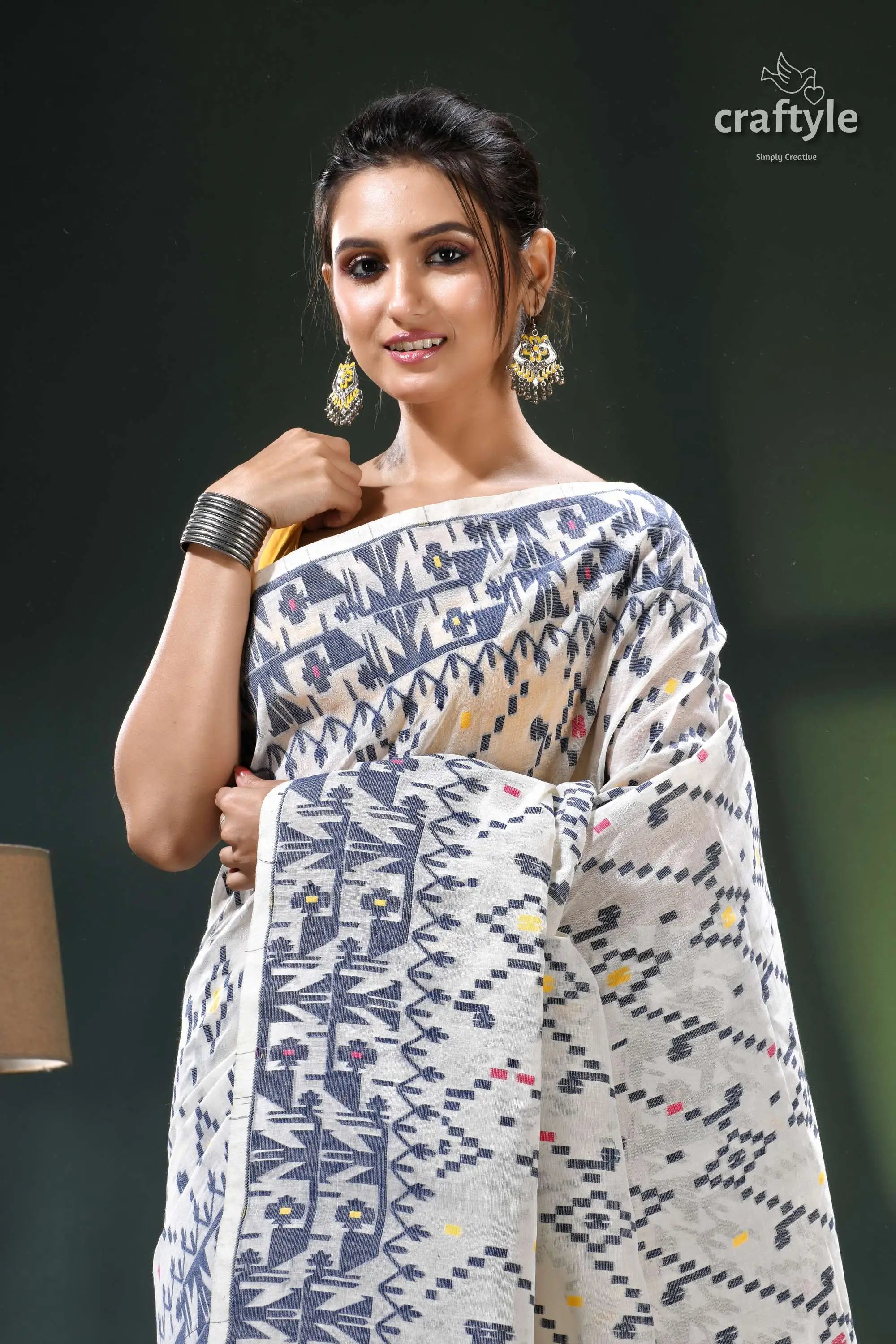 Multicolor woven cotton jamdani saree in ecru white white gray ikat saree geometric 2