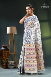 Multicolor woven cotton jamdani saree in ecru white white multicolored ikat saree tassels 3