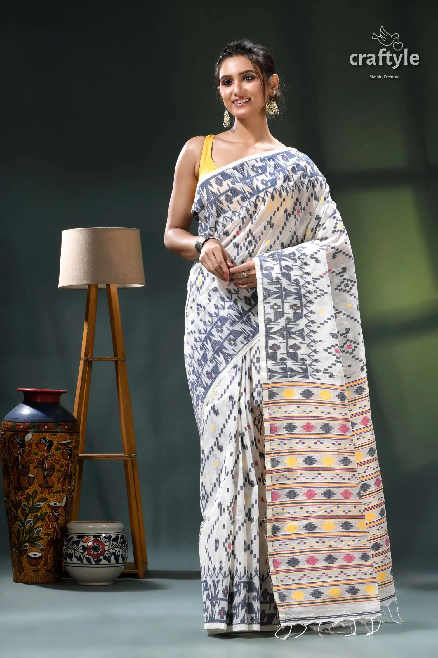 Multicolor woven cotton jamdani saree in ecru white white blue saree intricate patterns 6