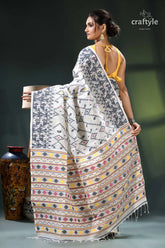 Multicolor woven cotton jamdani saree in ecru white cream black handwoven cotton saree 5