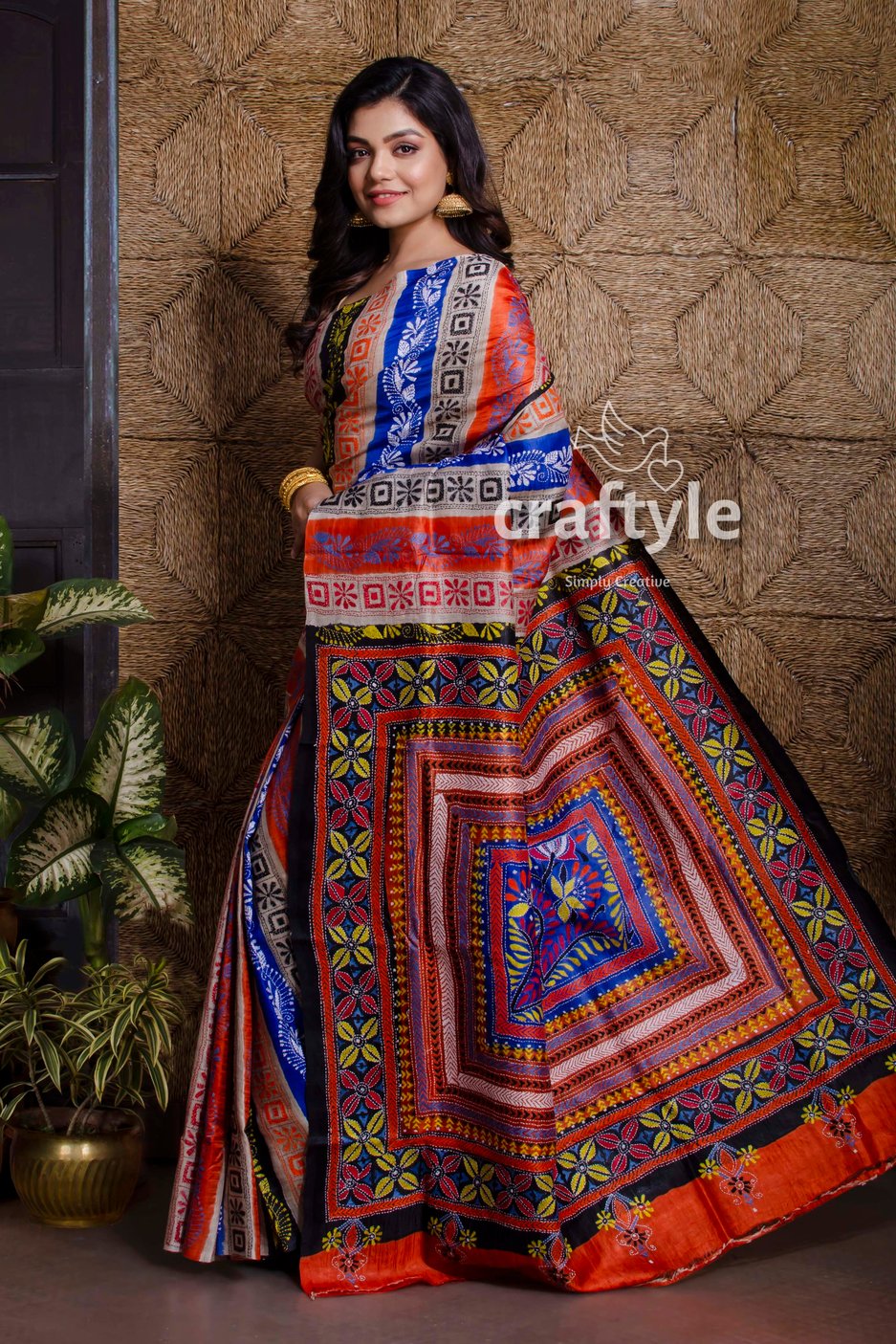 Multicolored Gachi Tussar Silk Kantha Stitch Saree-Craftyle