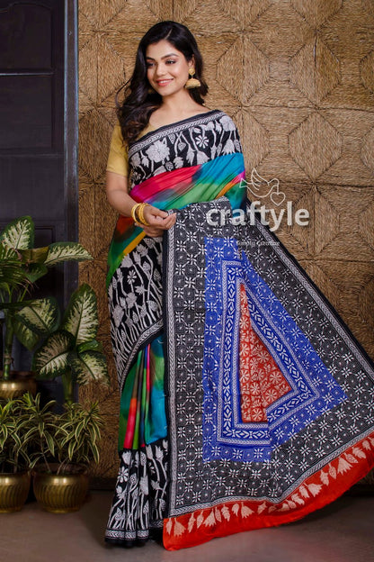 Multicolored Pure Bangalore Silk Kantha Stitch Saree-Craftyle