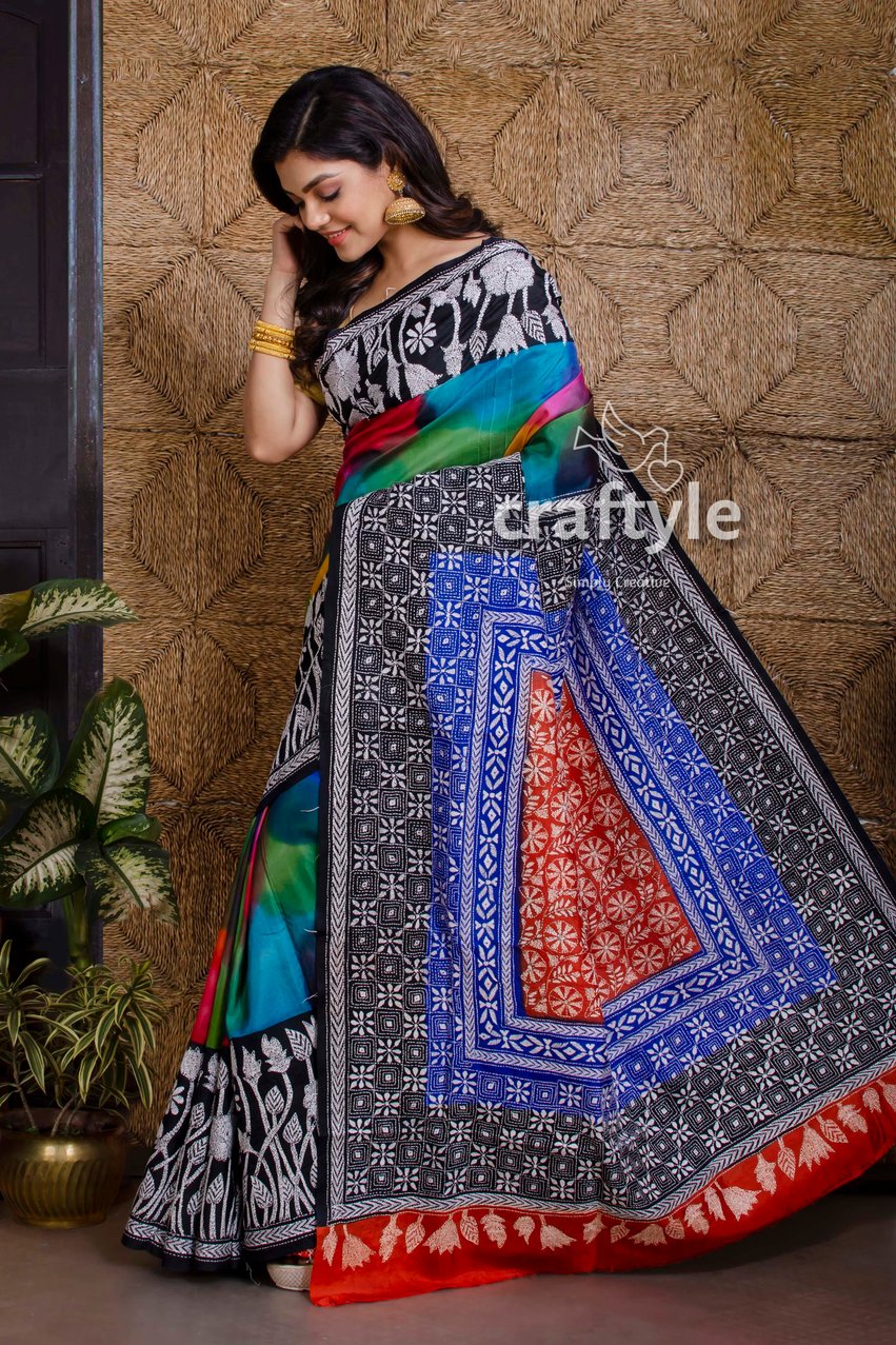 Multicolored Pure Bangalore Silk Kantha Stitch Saree-Craftyle