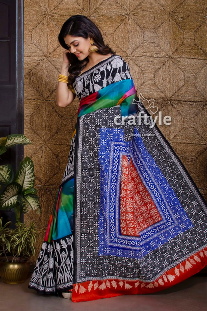 Multicolored pure bangalore silk kantha stitch saree colorful patterned saree 3