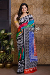 Multicolored Pure Bangalore Silk Kantha Stitch Saree-Craftyle