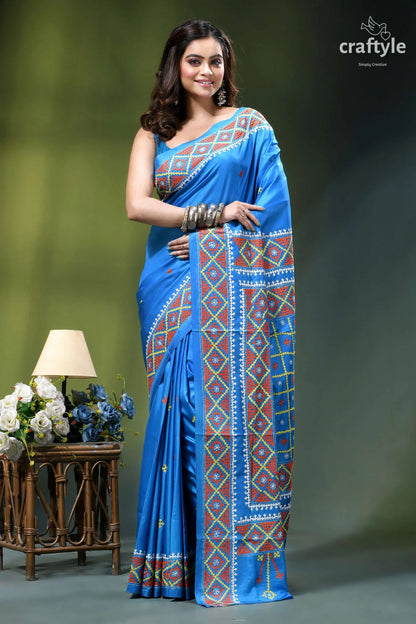 Multithread gujrati stitch silk saree in spanish sky blue - hand embroidery vibrant blue saree intricate red 1