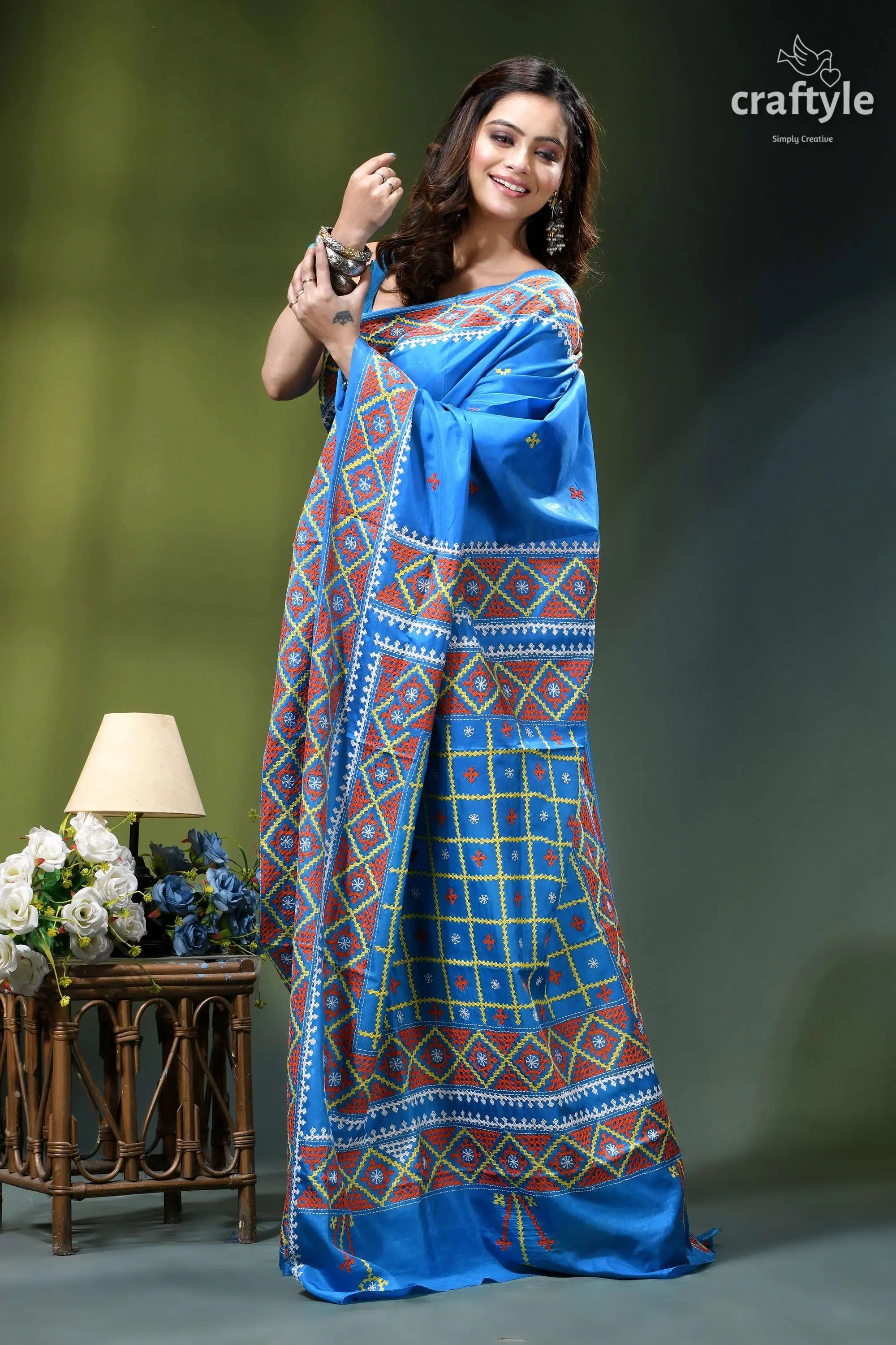 Multithread gujrati stitch silk saree in spanish sky blue - hand embroidery vibrant blue silk saree intricate 5