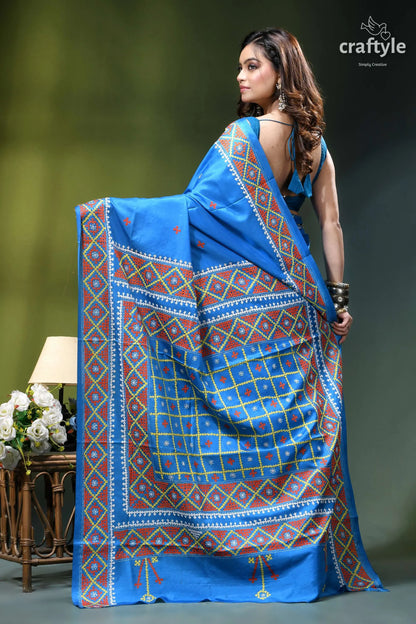 Multithread gujrati stitch silk saree in spanish sky blue - hand embroidery vibrant blue saree intricate red 6