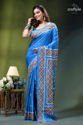 Multithread gujrati stitch silk saree in spanish sky blue - hand embroidery vibrant blue silk saree intricate 3