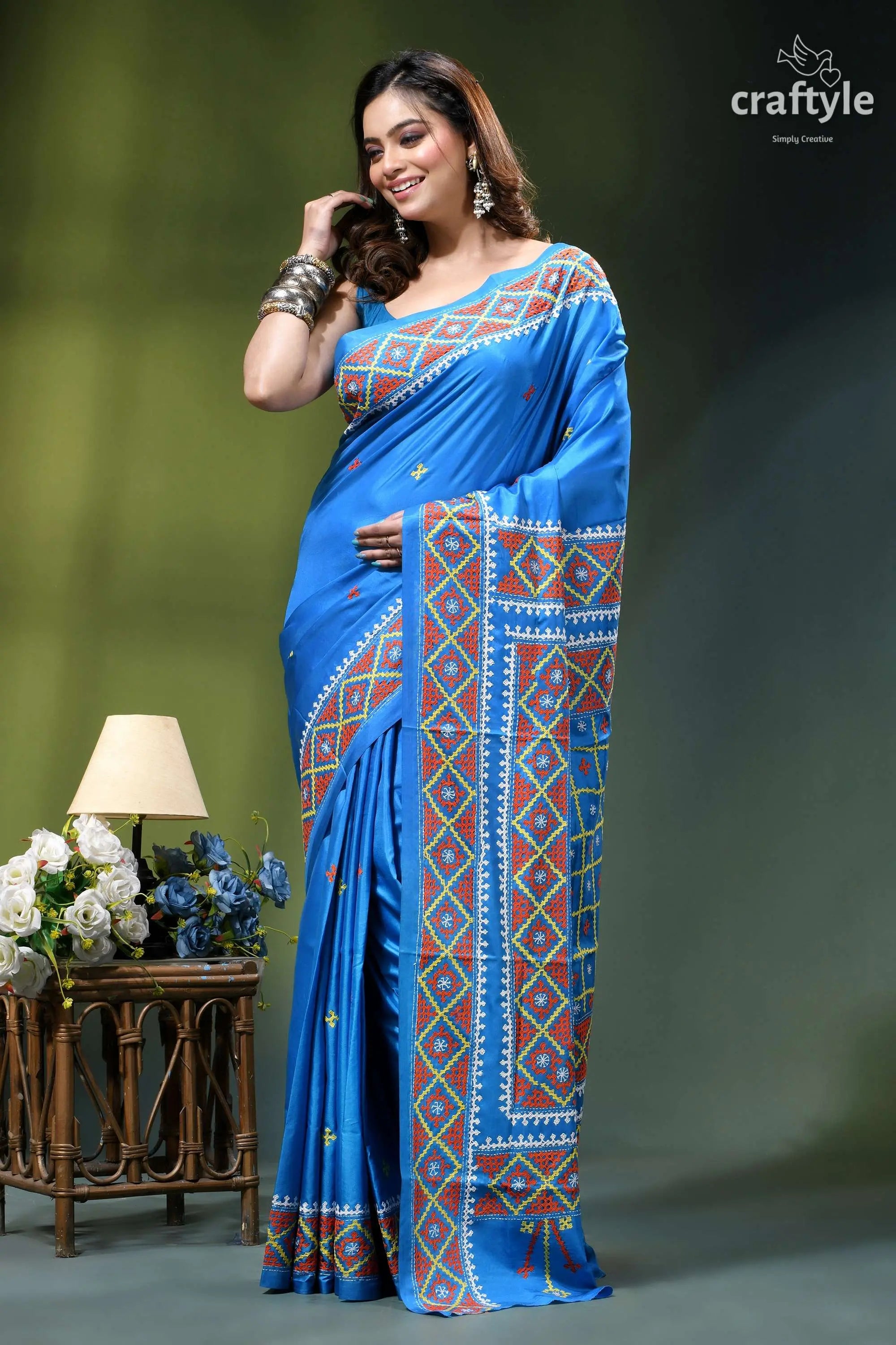 Multithread gujrati stitch silk saree in spanish sky blue - hand embroidery vibrant blue silk saree intricate 3