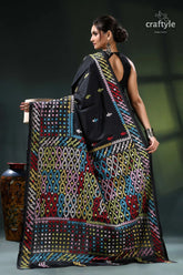 Multithread kutch embroidery black silk saree - mirror work black saree colorful geometric patterns 5