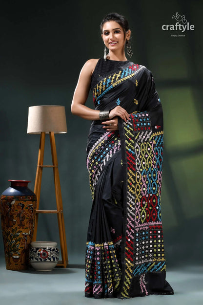 Multithread kutch embroidery black silk saree - mirror work black saree colorful geometric patterns 6