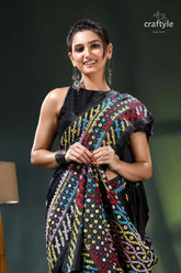 Multithread kutch embroidery black silk saree - mirror work black multicolored saree intricate embroidery 2