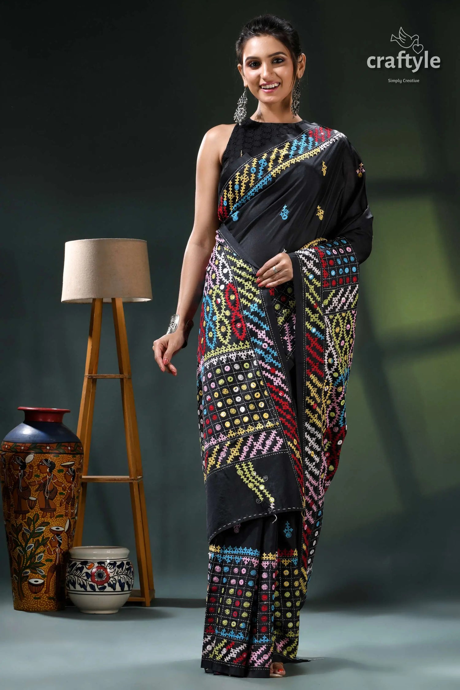 Multithread kutch embroidery black silk saree - mirror work black saree colorful embroidery beads 4