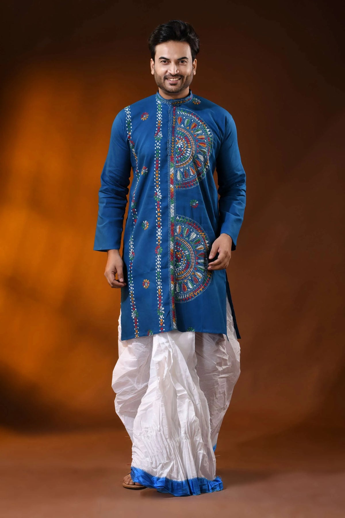 Multithread mandala handcrafted fun blue men’s cotton kantha punjabi 1