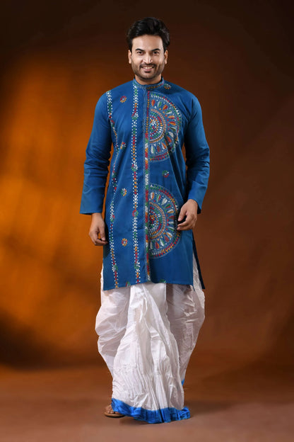 Multithread mandala handcrafted fun blue men’s cotton kantha punjabi 1