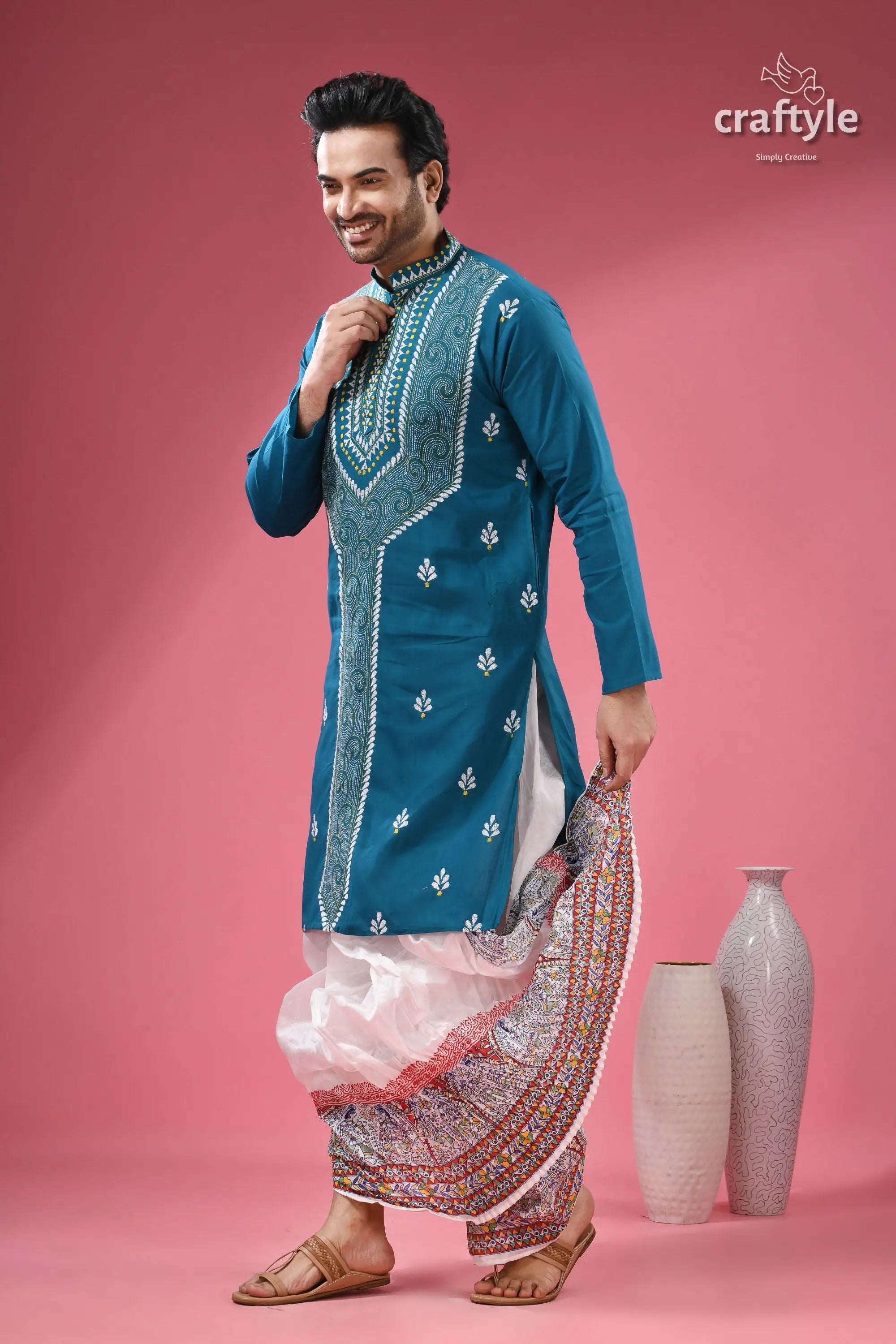 Munsell blue kantha stitch cotton panjabi for men man teal kurta white embroidery 6