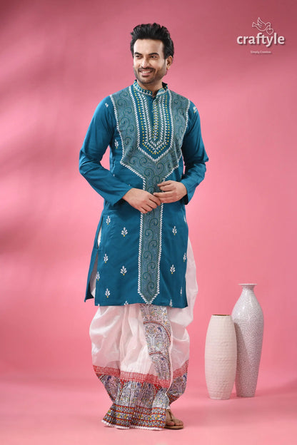 Munsell blue kantha stitch cotton panjabi for men men’s teal blue embroidered kurta 5