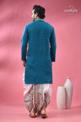 Munsell blue kantha stitch cotton panjabi for men men’s teal kurta white patterned 7