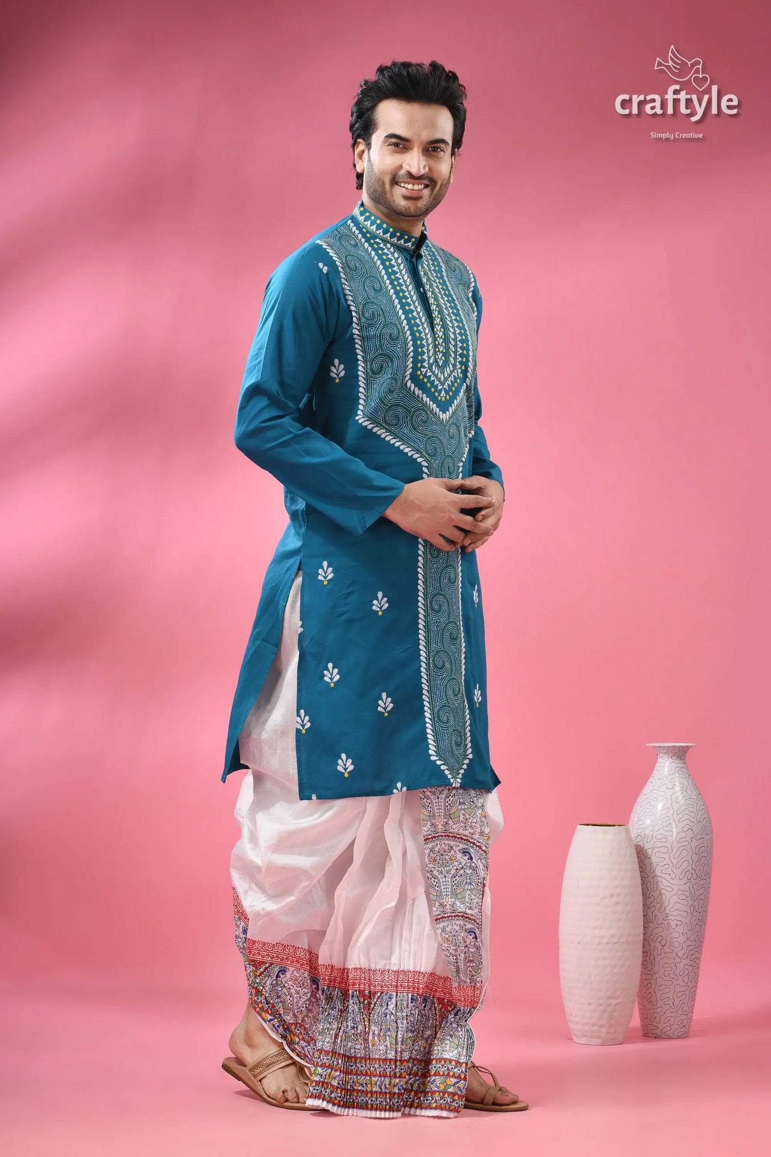 Munsell blue kantha stitch cotton panjabi for men man teal embroidered kurta white 3