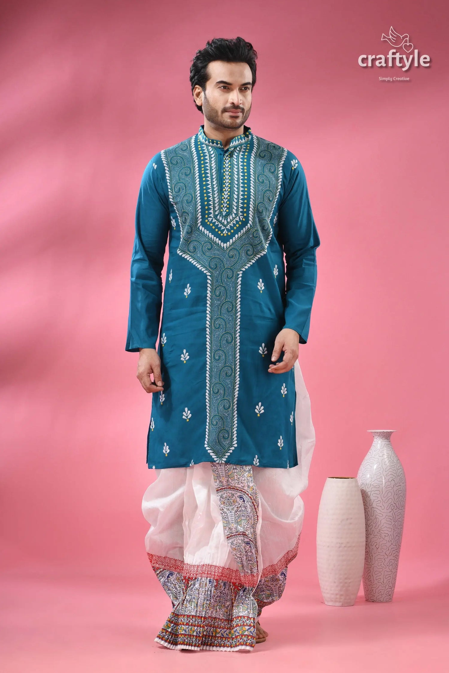 Munsell blue kantha stitch cotton panjabi for men man teal embroidered kurta white 1