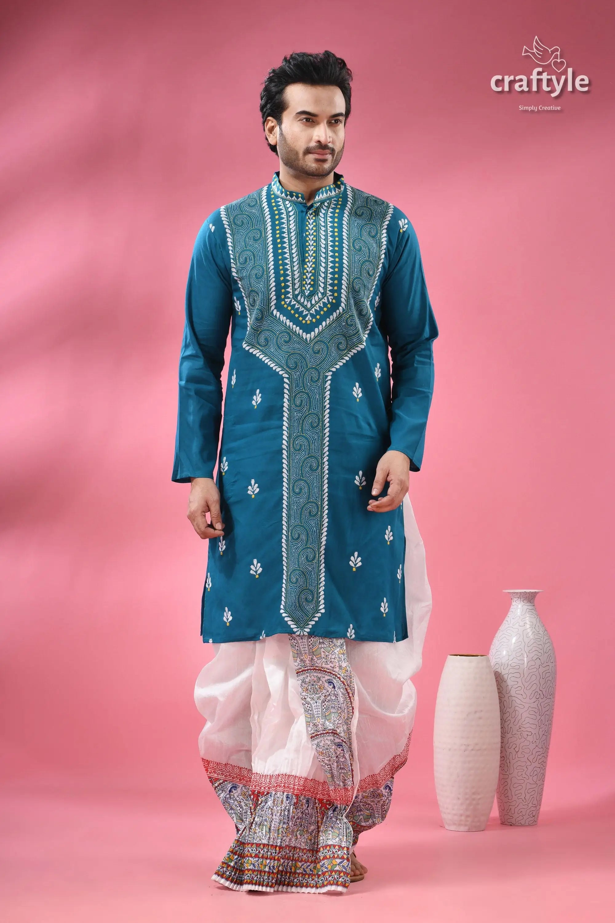 Munsell blue kantha stitch cotton panjabi for men man teal embroidered kurta white 1