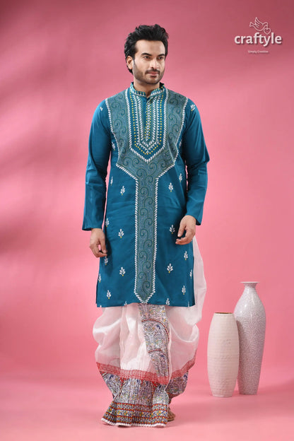 Munsell blue kantha stitch cotton panjabi for men man teal embroidered kurta white 1