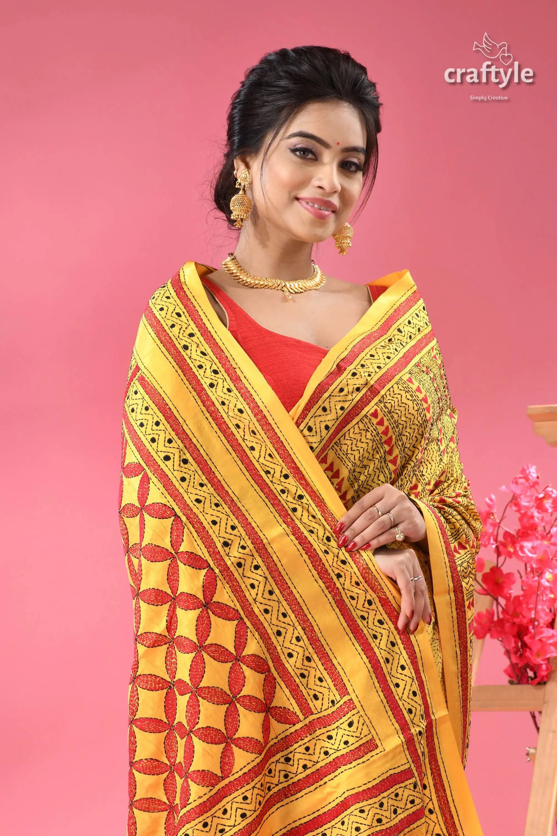 Munshell yellow and red kantha embroidered silk saree yellow red patterned silk saree 2