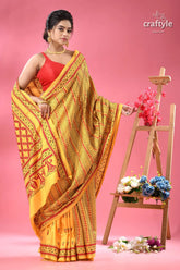 Munshell yellow and red kantha embroidered silk saree yellow red patterned cotton saree 3