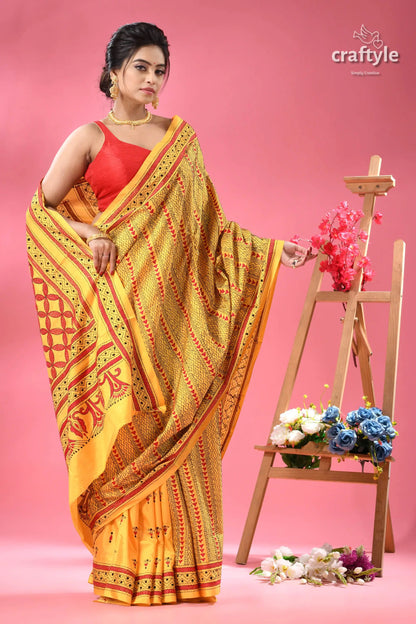 Munshell yellow and red kantha embroidered silk saree yellow red patterned cotton saree 3